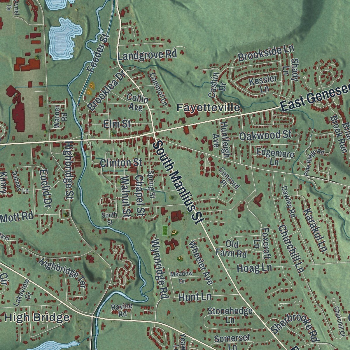 Second close-up of the map of the Town of Manlius, New York print showing more streets and buildings