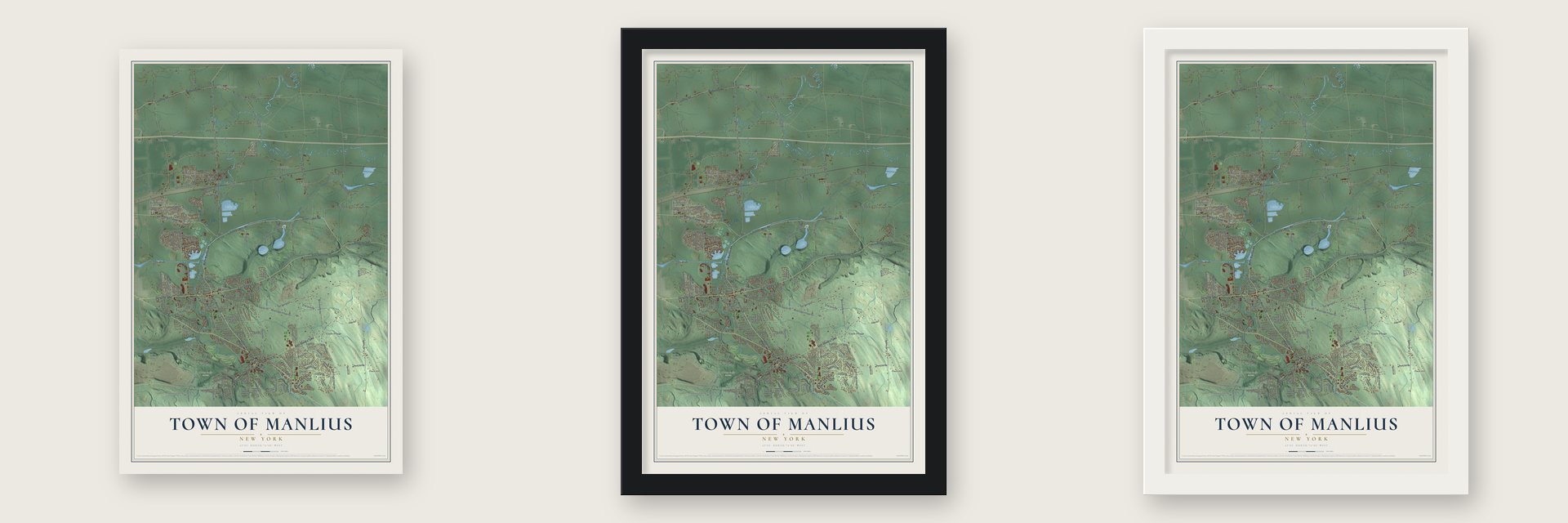 Town of Manlius, New York map unframed, in a black wood frame and in a white wood frame