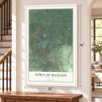 Town of Manlius, New York map, 24 x 36 inch print in a white frame by a staircase