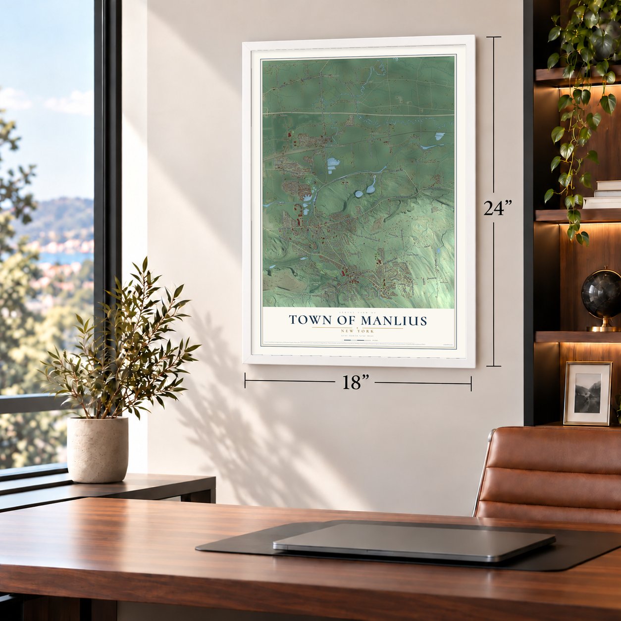 Town of Manlius, New York map, 18 x 24 inch print in a white frame in a home office