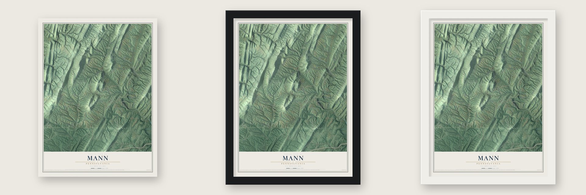 Mann, Pennsylvania map unframed, in a black wood frame and in a white wood frame