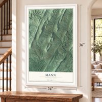 Mann, Pennsylvania map, 24 x 36 inch print in a white frame by a staircase