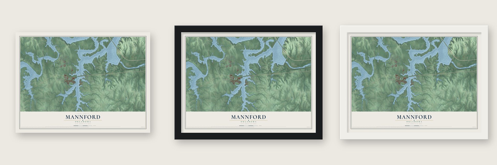Mannford, Oklahoma map unframed, in a black wood frame and in a white wood frame