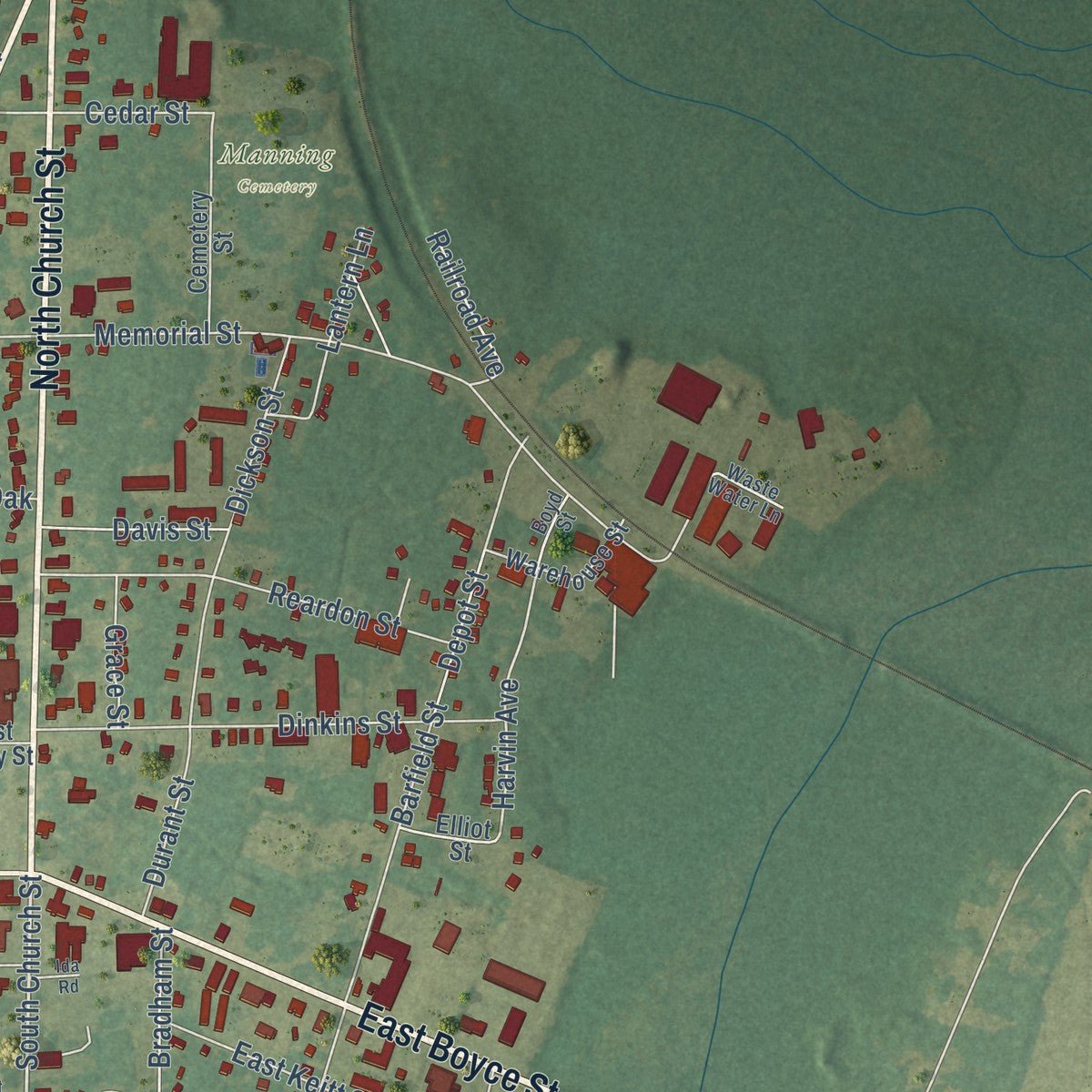 Second close-up of the map of Manning, South Carolina print showing more streets and buildings