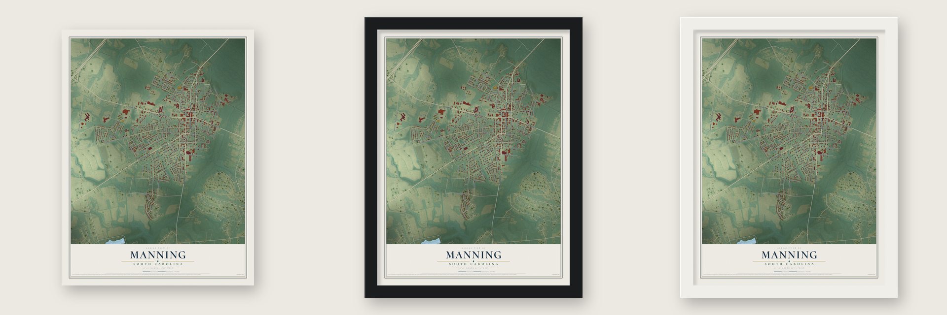 Manning, South Carolina map unframed, in a black wood frame and in a white wood frame