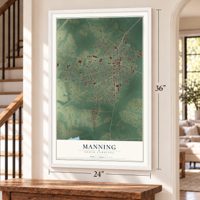 Manning, South Carolina map, 24 x 36 inch print in a white frame by a staircase