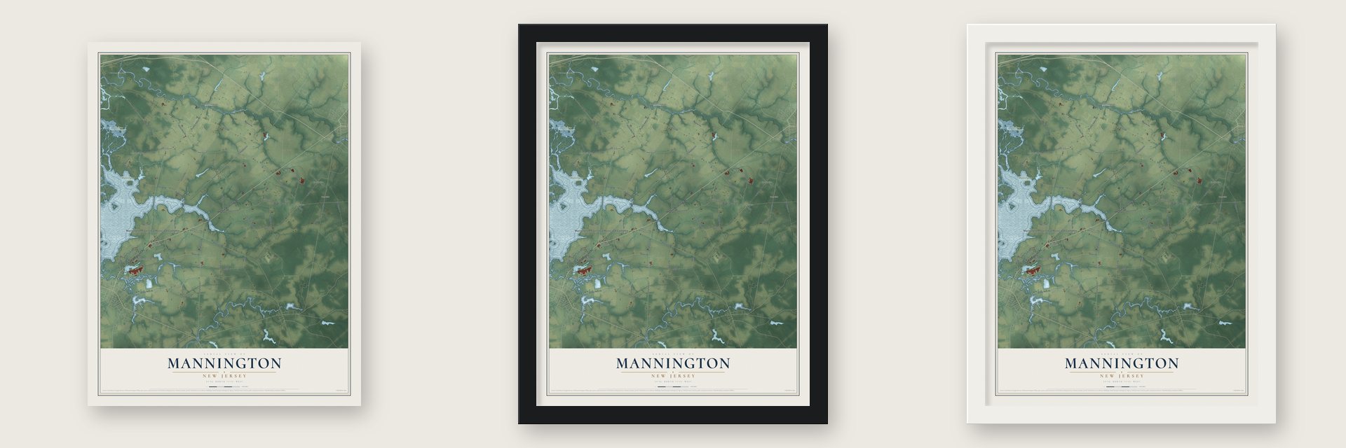 Mannington, New Jersey map unframed, in a black wood frame and in a white wood frame