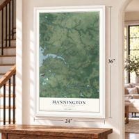 Mannington, New Jersey map, 24 x 36 inch print in a white frame by a staircase