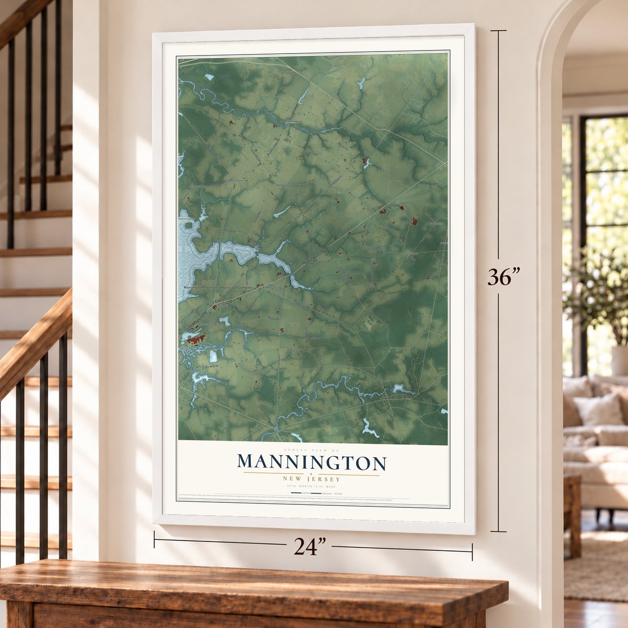 Mannington, New Jersey map, 24 x 36 inch print in a white frame by a staircase