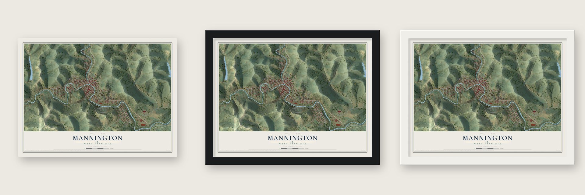 Mannington, West Virginia map unframed, in a black wood frame and in a white wood frame