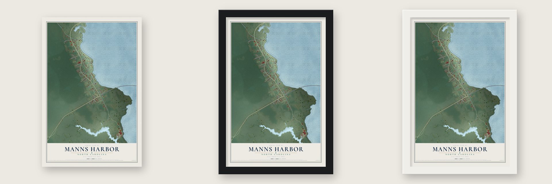 Manns Harbor, North Carolina map unframed, in a black wood frame and in a white wood frame