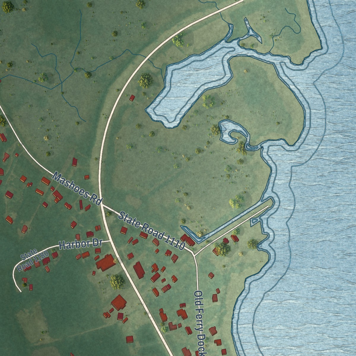 Second close-up of the map of Manns Harbor, North Carolina print showing more streets and buildings