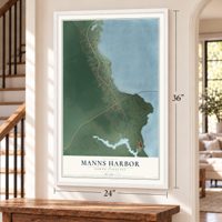Manns Harbor, North Carolina map, 24 x 36 inch print in a white frame by a staircase