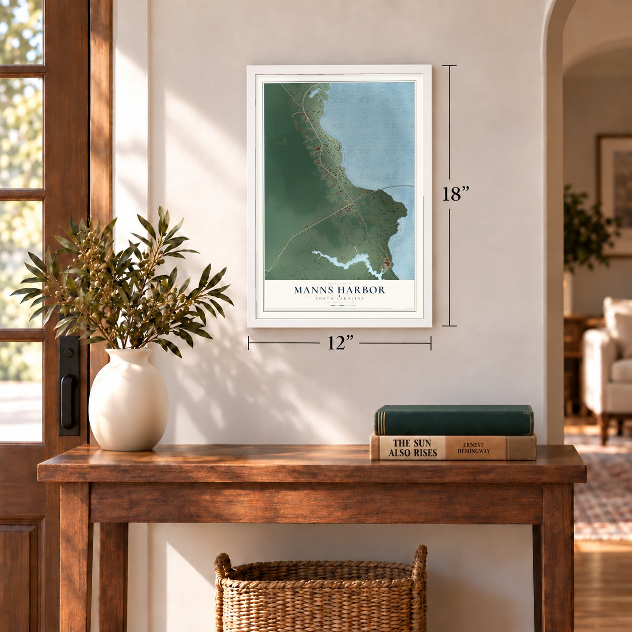 Manns Harbor, North Carolina map, 12 x 18 inch print in a white frame in an entryway