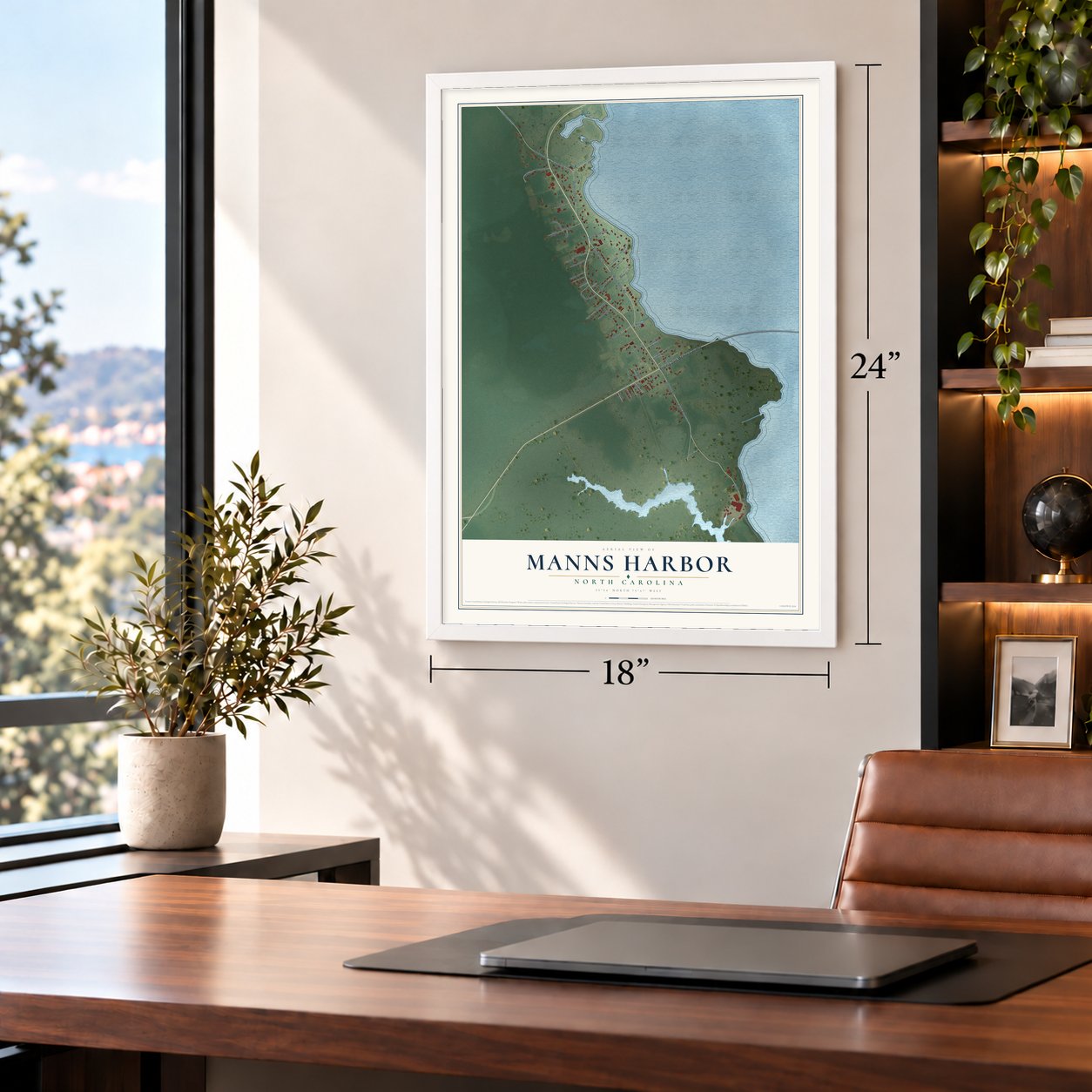Manns Harbor, North Carolina map, 18 x 24 inch print in a white frame in a home office