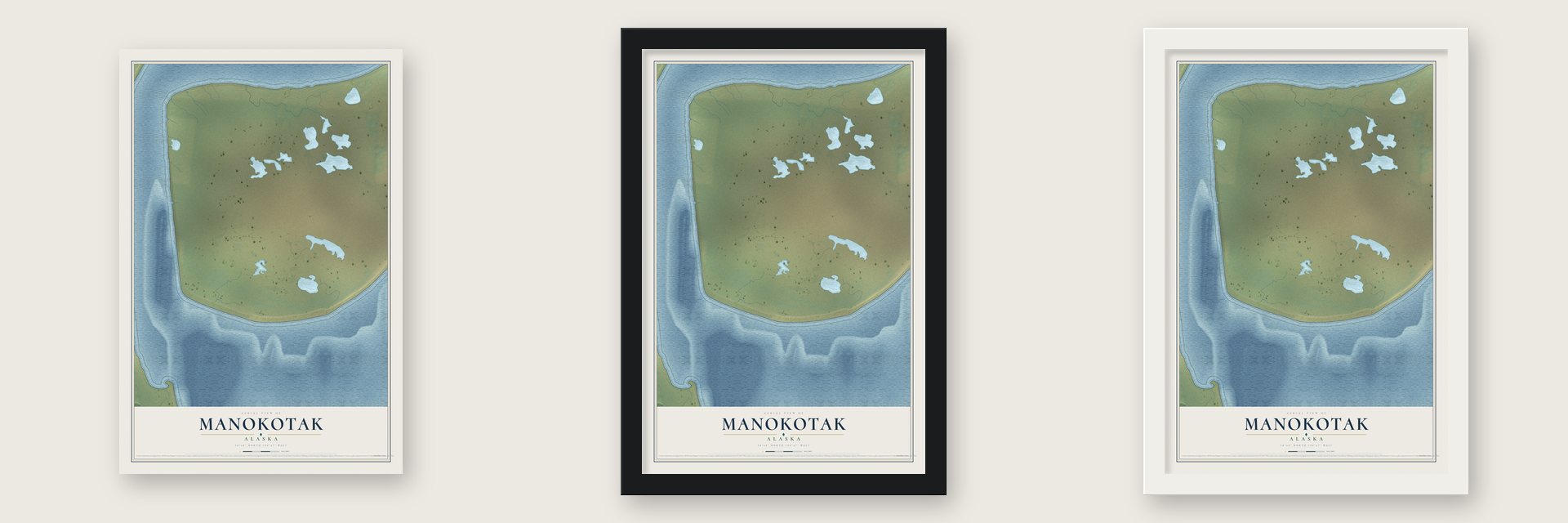 Manokotak, Alaska map unframed, in a black wood frame and in a white wood frame