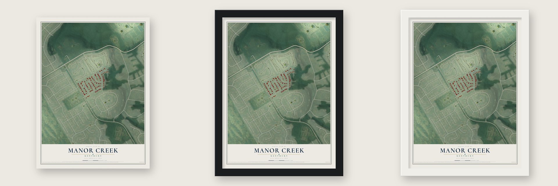 Manor Creek, Kentucky map unframed, in a black wood frame and in a white wood frame