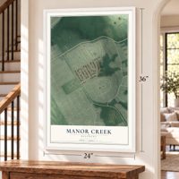 Manor Creek, Kentucky map, 24 x 36 inch print in a white frame by a staircase
