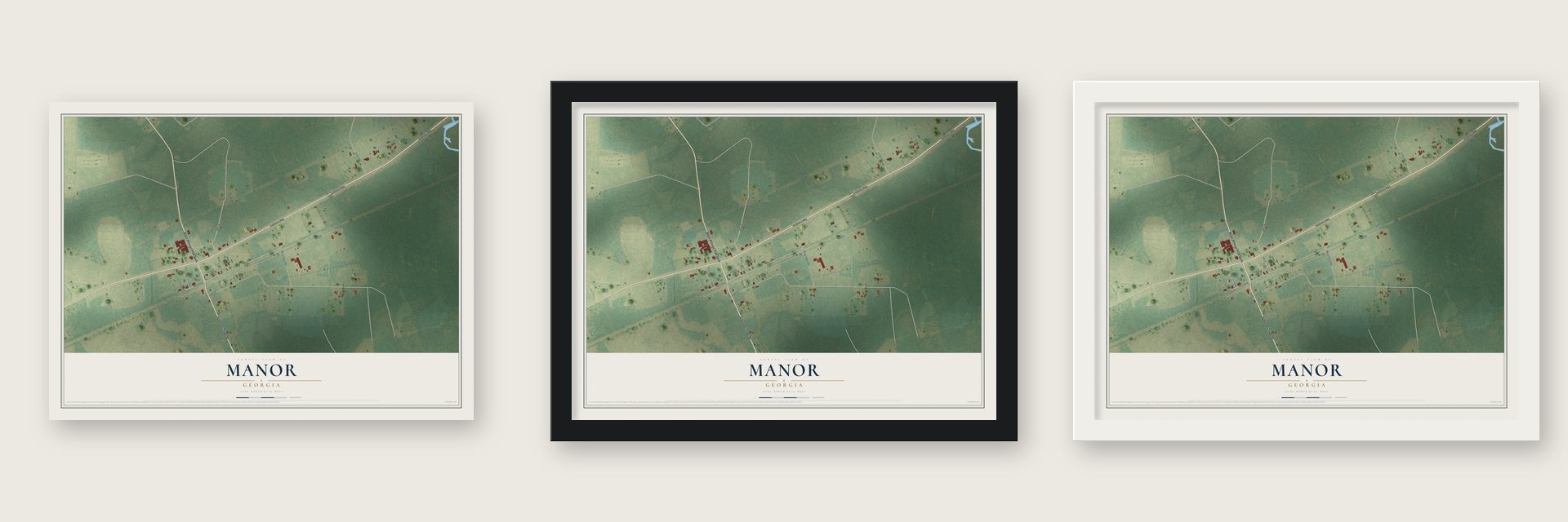 Manor, Georgia map unframed, in a black wood frame and in a white wood frame