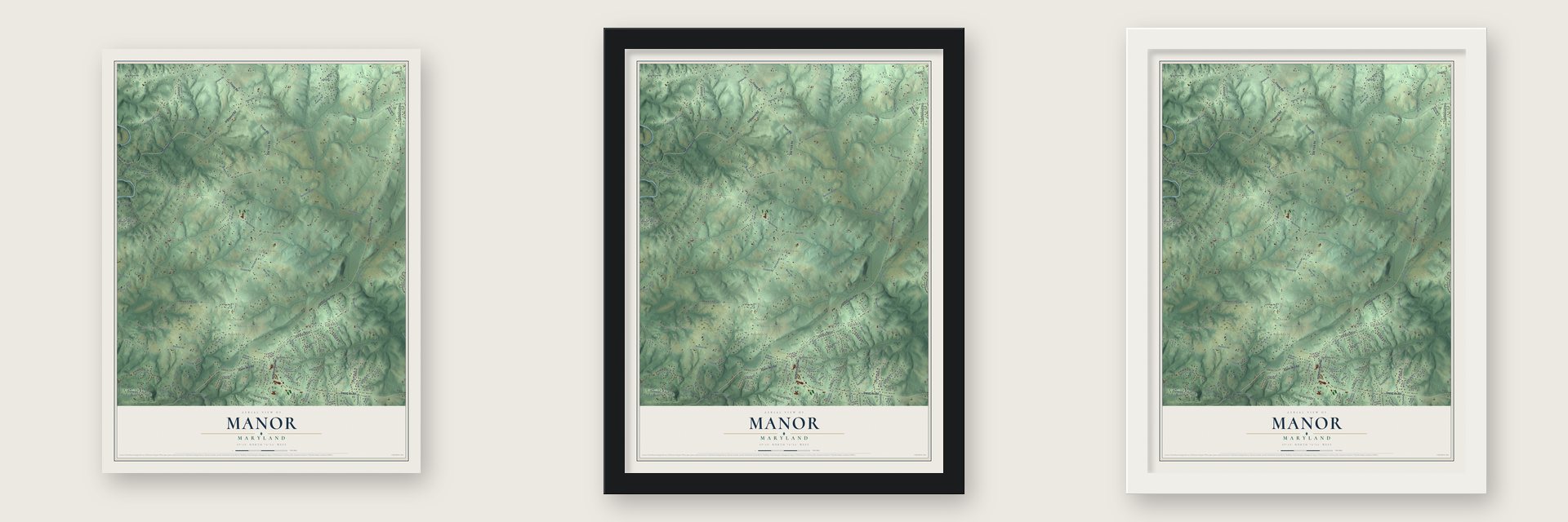 Manor, Maryland map unframed, in a black wood frame and in a white wood frame