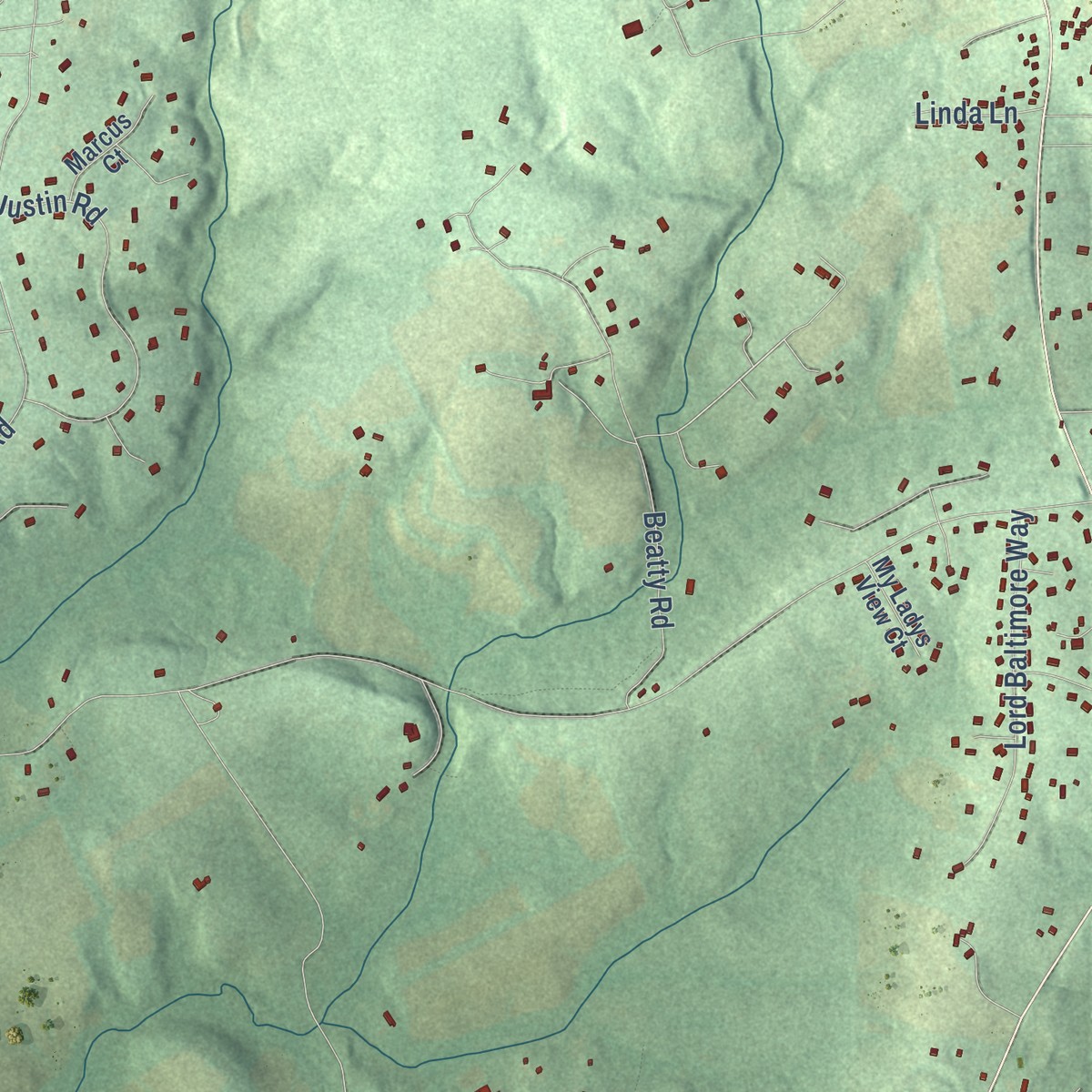 Second close-up of the map of Manor, Maryland print showing more streets and buildings