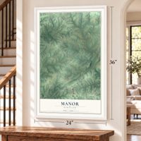 Manor, Maryland map, 24 x 36 inch print in a white frame by a staircase