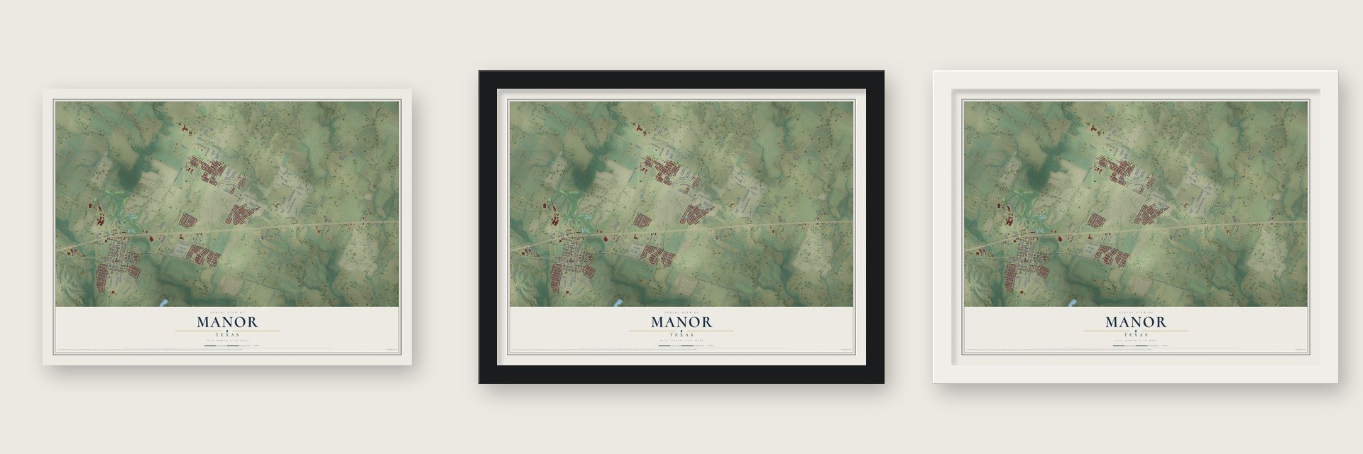 Manor, Texas map unframed, in a black wood frame and in a white wood frame
