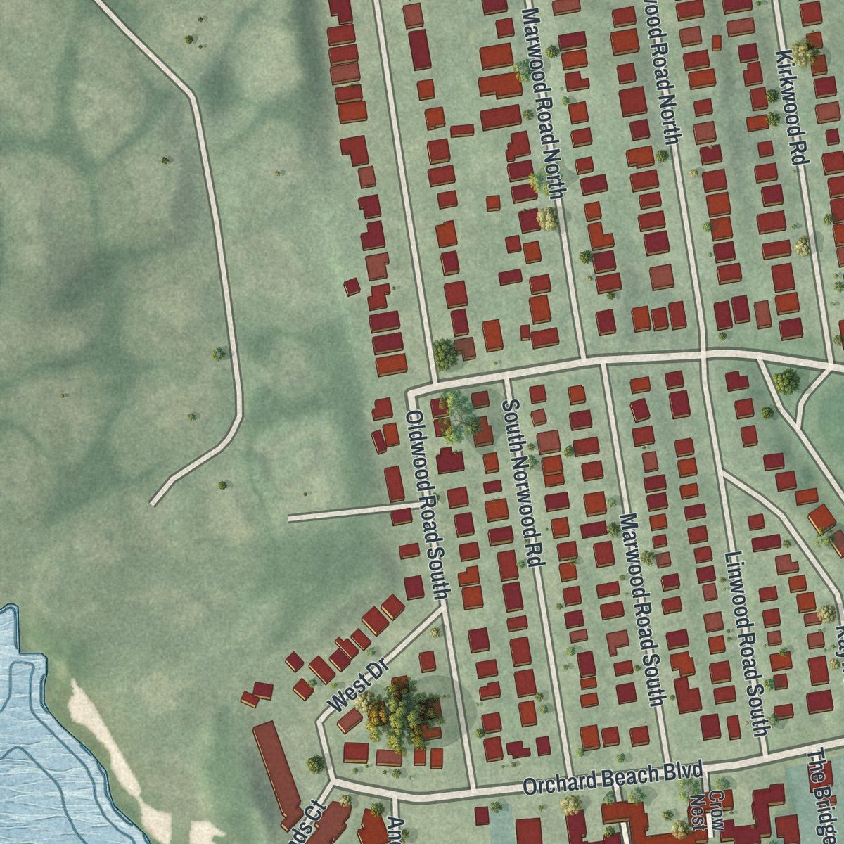 Second close-up of the map of Manorhaven, New York print showing more streets and buildings