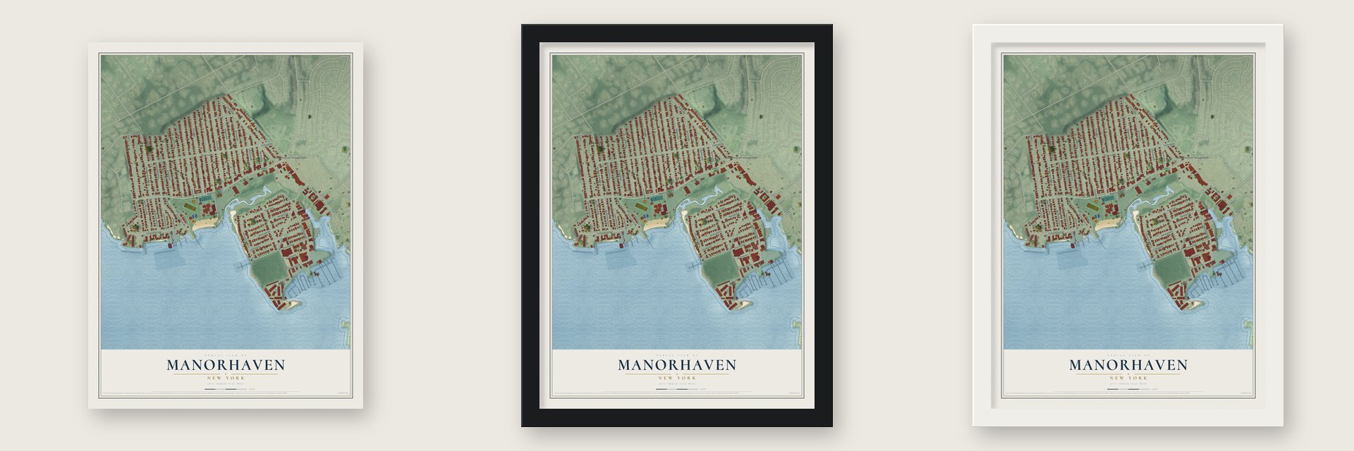 Manorhaven, New York map unframed, in a black wood frame and in a white wood frame