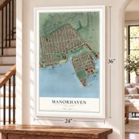Manorhaven, New York map, 24 x 36 inch print in a white frame by a staircase