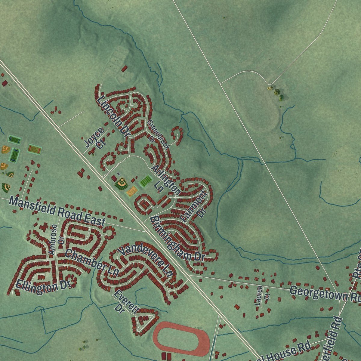 Second close-up of the map of Mansfield, Burlington County, New Jersey print showing more streets and buildings