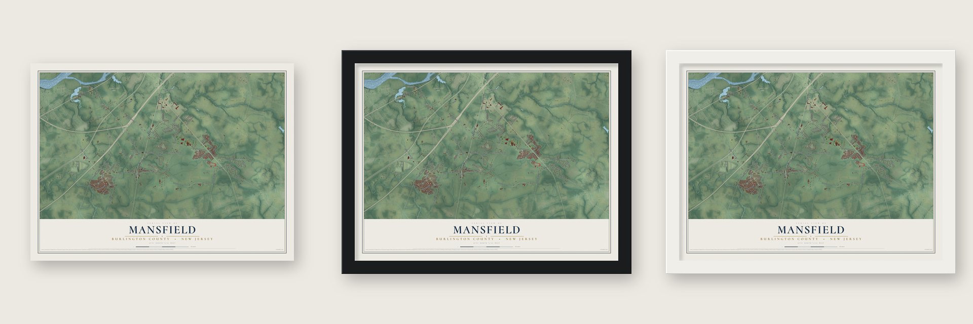 Mansfield, Burlington County, New Jersey map unframed, in a black wood frame and in a white wood frame