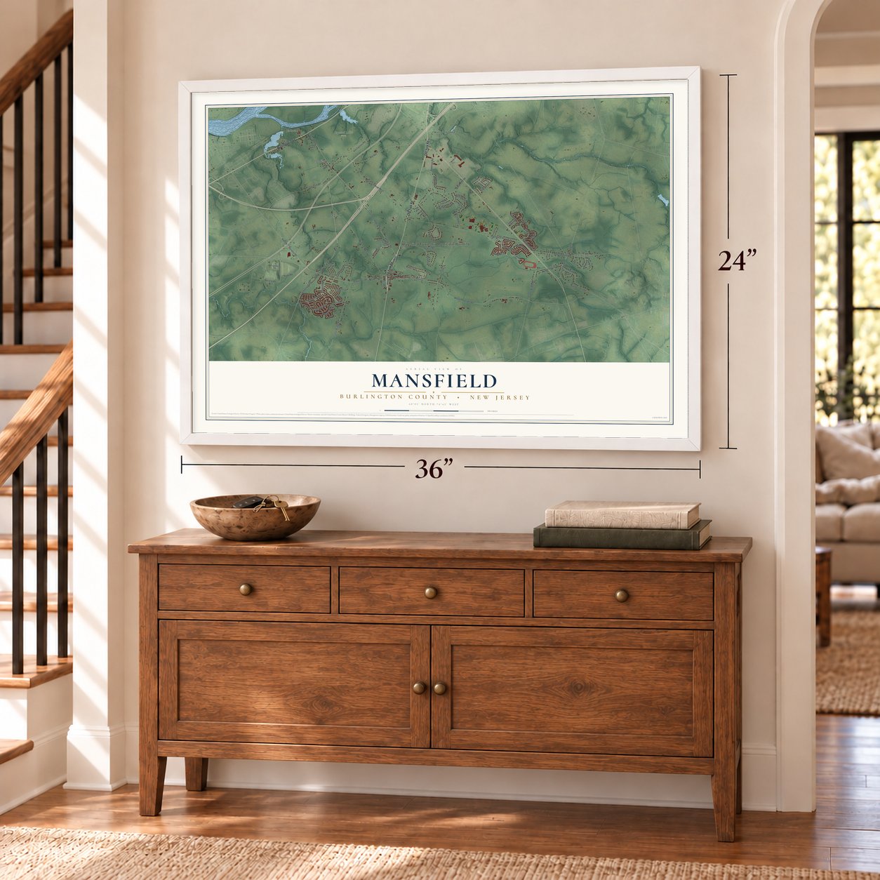 Mansfield, Burlington County, New Jersey map, 24 x 36 inch print in a white frame above a dresser by a staircase