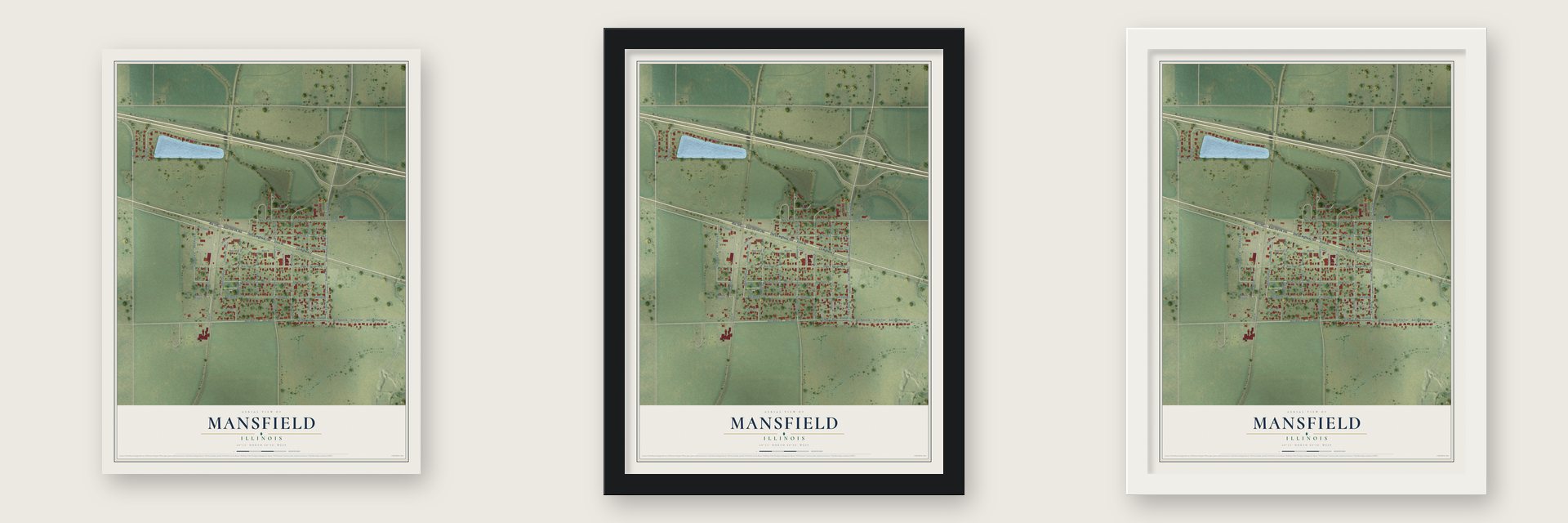 Mansfield, Illinois map unframed, in a black wood frame and in a white wood frame