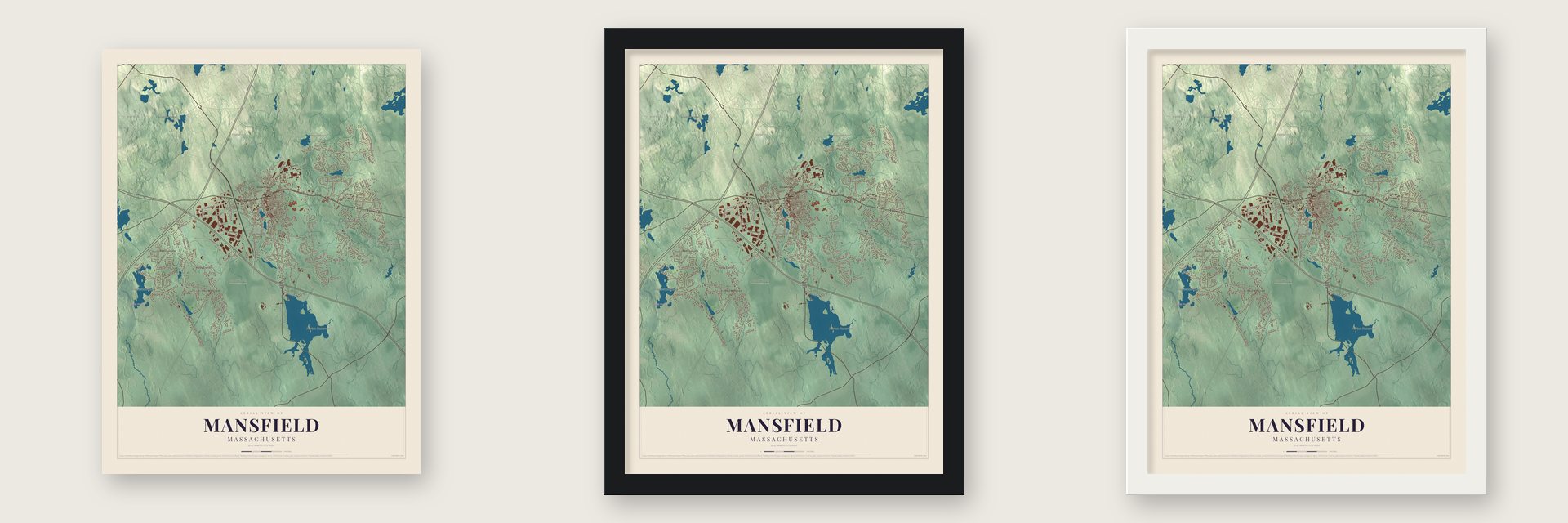 Mansfield, Massachusetts map unframed, in a black wood frame and in a white wood frame