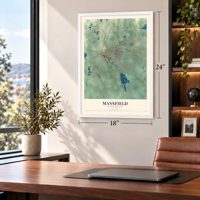 Mansfield, Massachusetts map, 18 x 24 inch print in a white frame in a home office