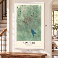 Mansfield, Massachusetts map, 24 x 36 inch print in a white frame by a staircase