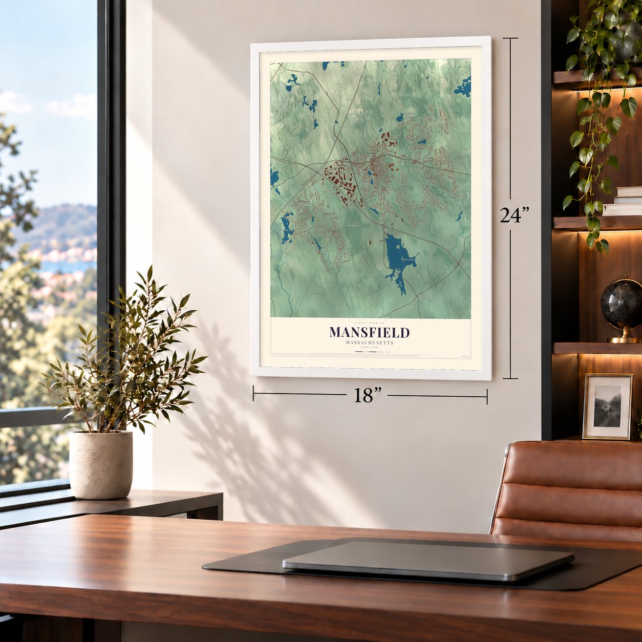 Mansfield, Massachusetts map, 18 x 24 inch print in a white frame in a home office