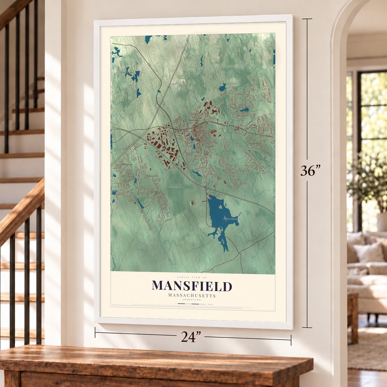 Mansfield, Massachusetts map, 24 x 36 inch print in a white frame by a staircase