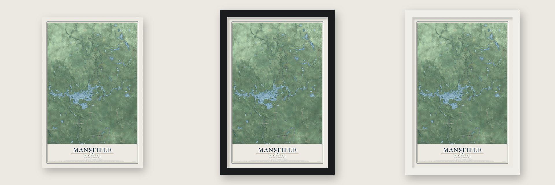 Mansfield, Michigan map unframed, in a black wood frame and in a white wood frame