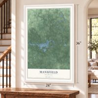 Mansfield, Michigan map, 24 x 36 inch print in a white frame by a staircase
