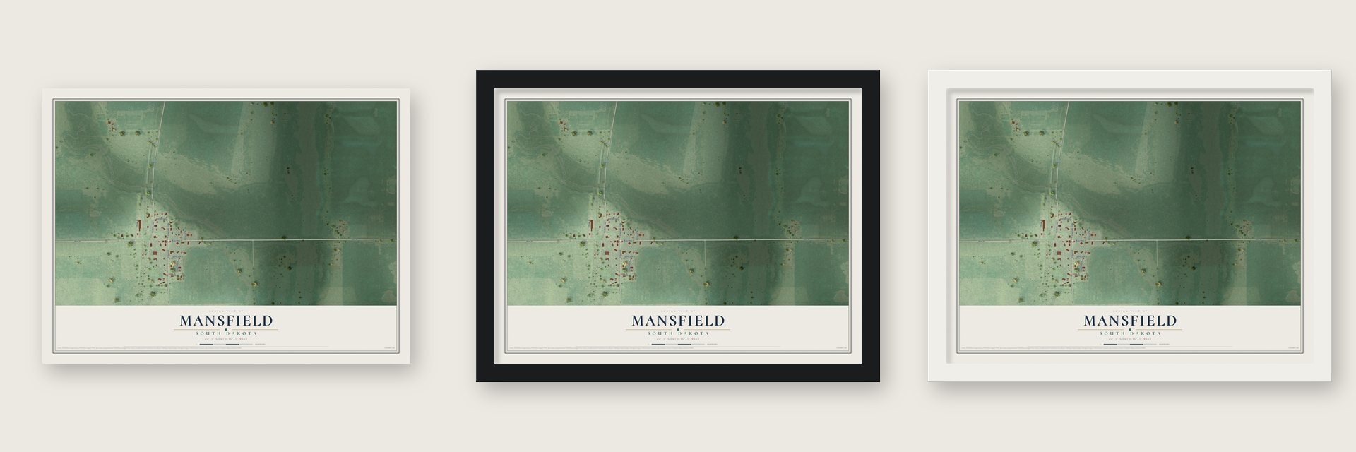 Mansfield, South Dakota map unframed, in a black wood frame and in a white wood frame