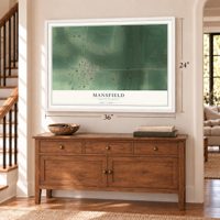 Mansfield, South Dakota map, 24 x 36 inch print in a white frame above a dresser by a staircase