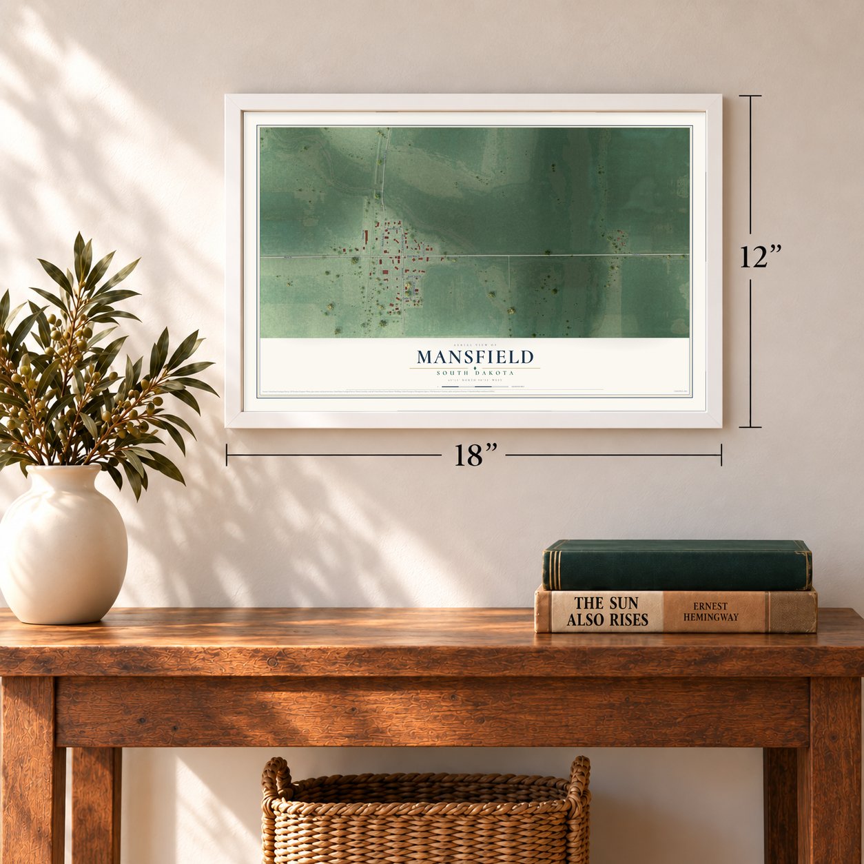 Mansfield, South Dakota map, 12 x 18 inch print in a white frame in an entryway