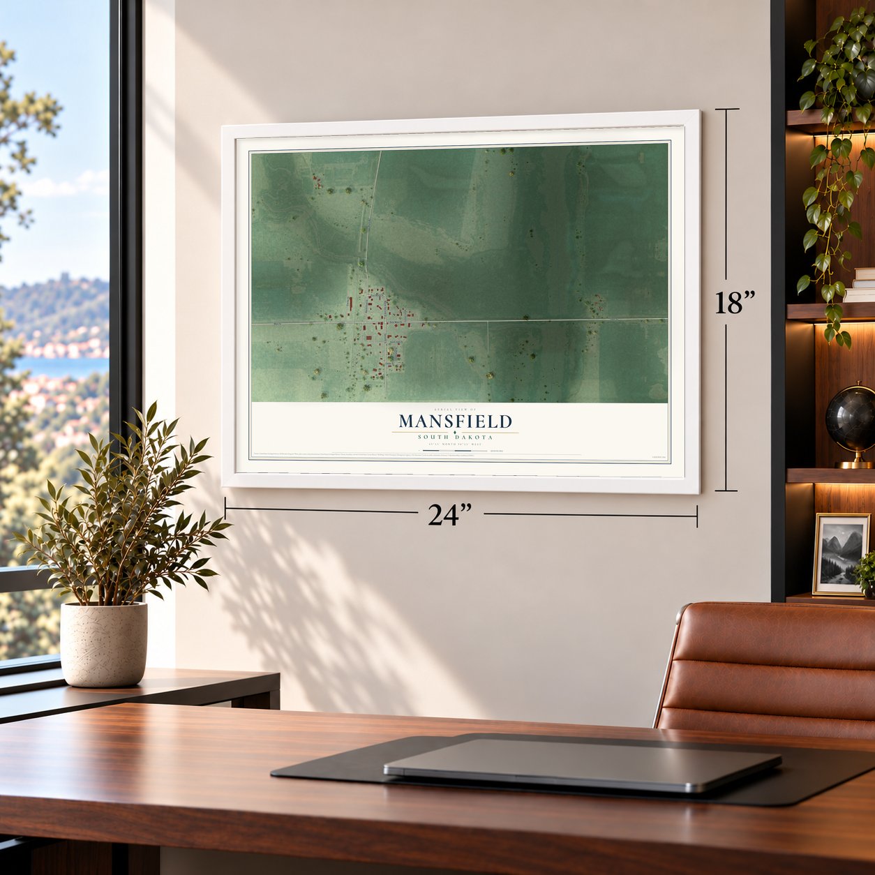 Mansfield, South Dakota map, 18 x 24 inch print in a white frame in a home office