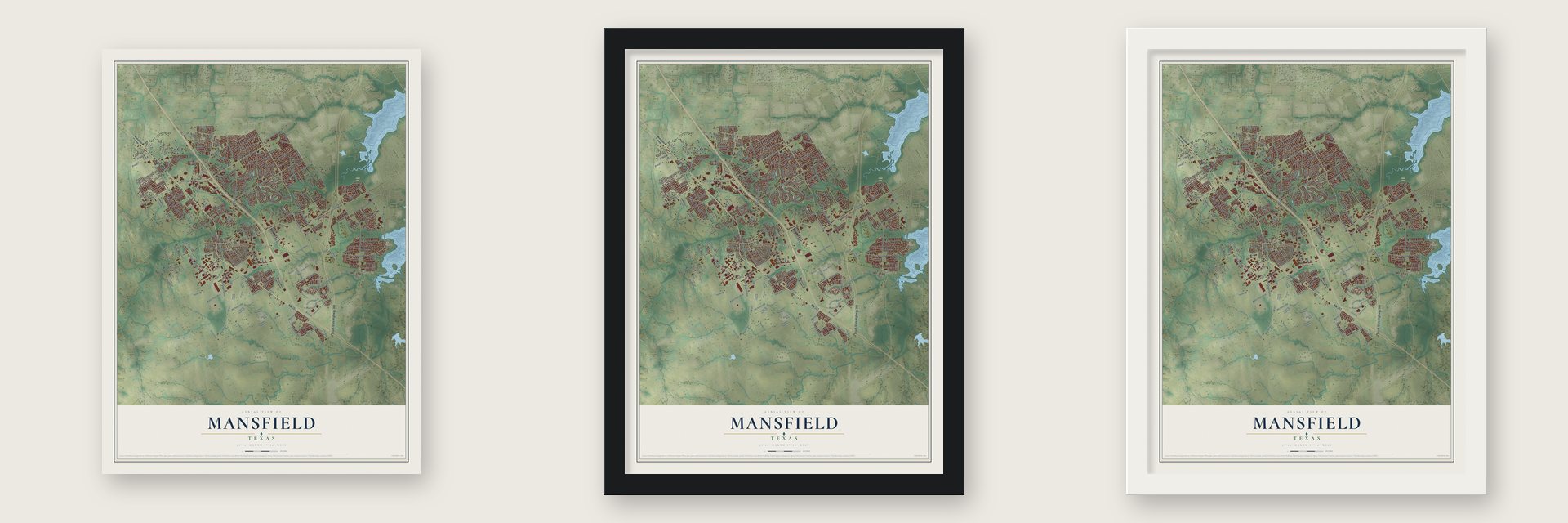 Mansfield, Texas map unframed, in a black wood frame and in a white wood frame