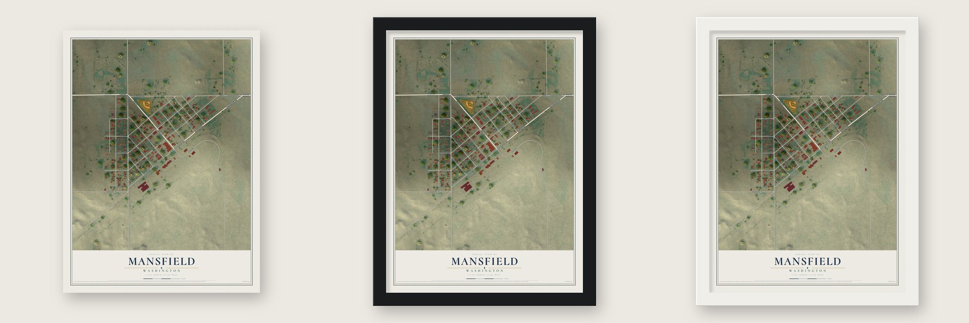 Mansfield, Washington map unframed, in a black wood frame and in a white wood frame