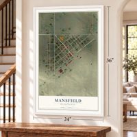 Mansfield, Washington map, 24 x 36 inch print in a white frame by a staircase