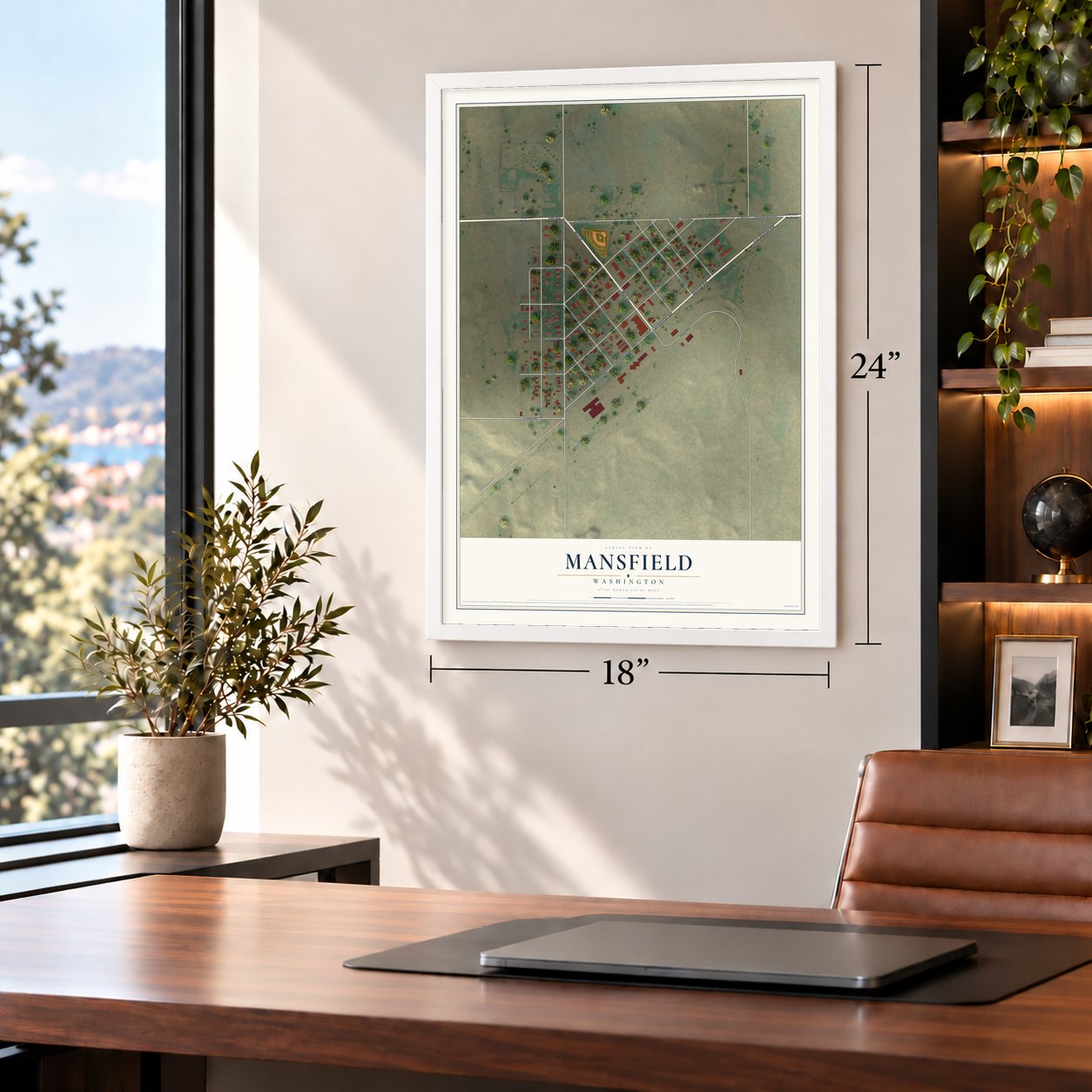 Mansfield, Washington map, 18 x 24 inch print in a white frame in a home office