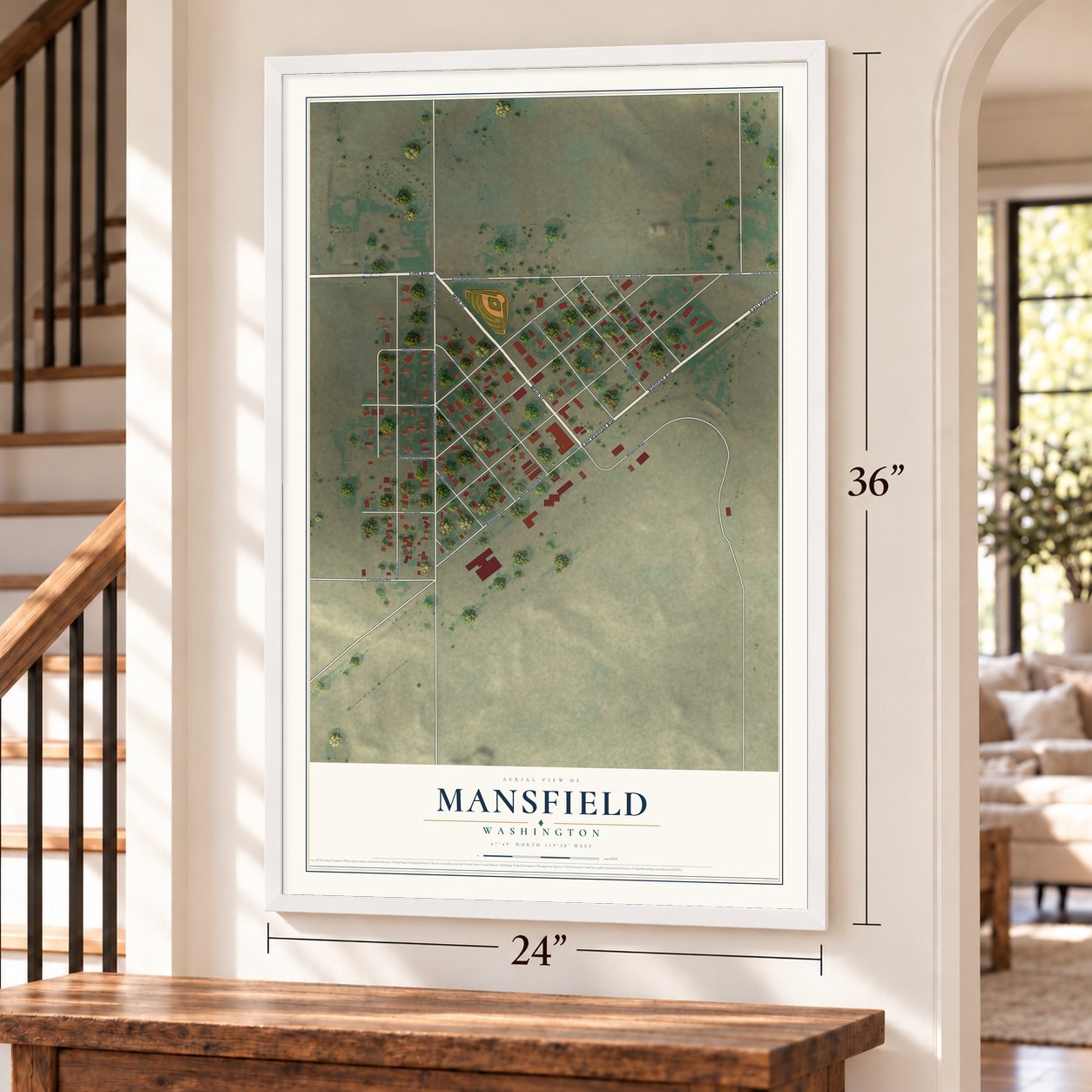 Mansfield, Washington map, 24 x 36 inch print in a white frame by a staircase
